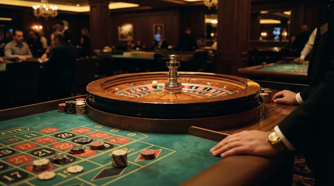 Roulettehjul och spelmarker på grön filt i varmt kvällsljus — 10 euro casino i sverige