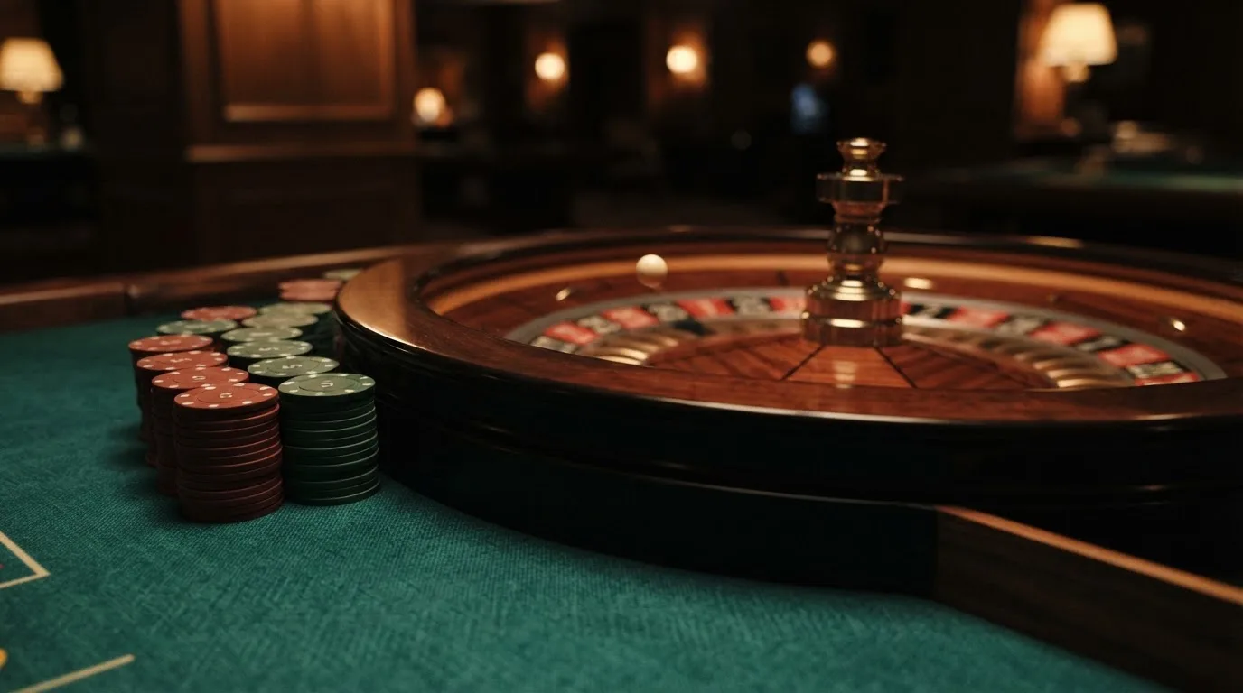 Roulettehjul och spelmarker på grön filt i varmt kvällsljus — 10 free spins casino i sverige