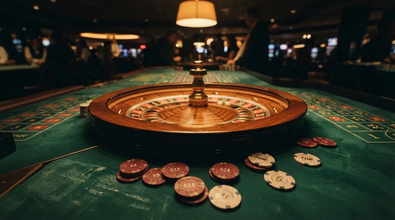 Roulettehjul och spelmarker på grön filt i varmt kvällsljus — 10 kr casino i sverige