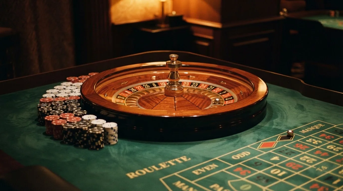 Roulettehjul och spelmarker på grön filt i varmt kvällsljus — 100 euro casino i sverige