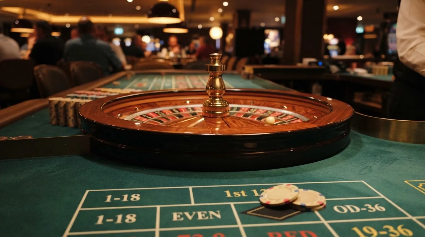 Roulettehjul och spelmarker på grön filt i varmt kvällsljus — 100 free spins casino i sverige