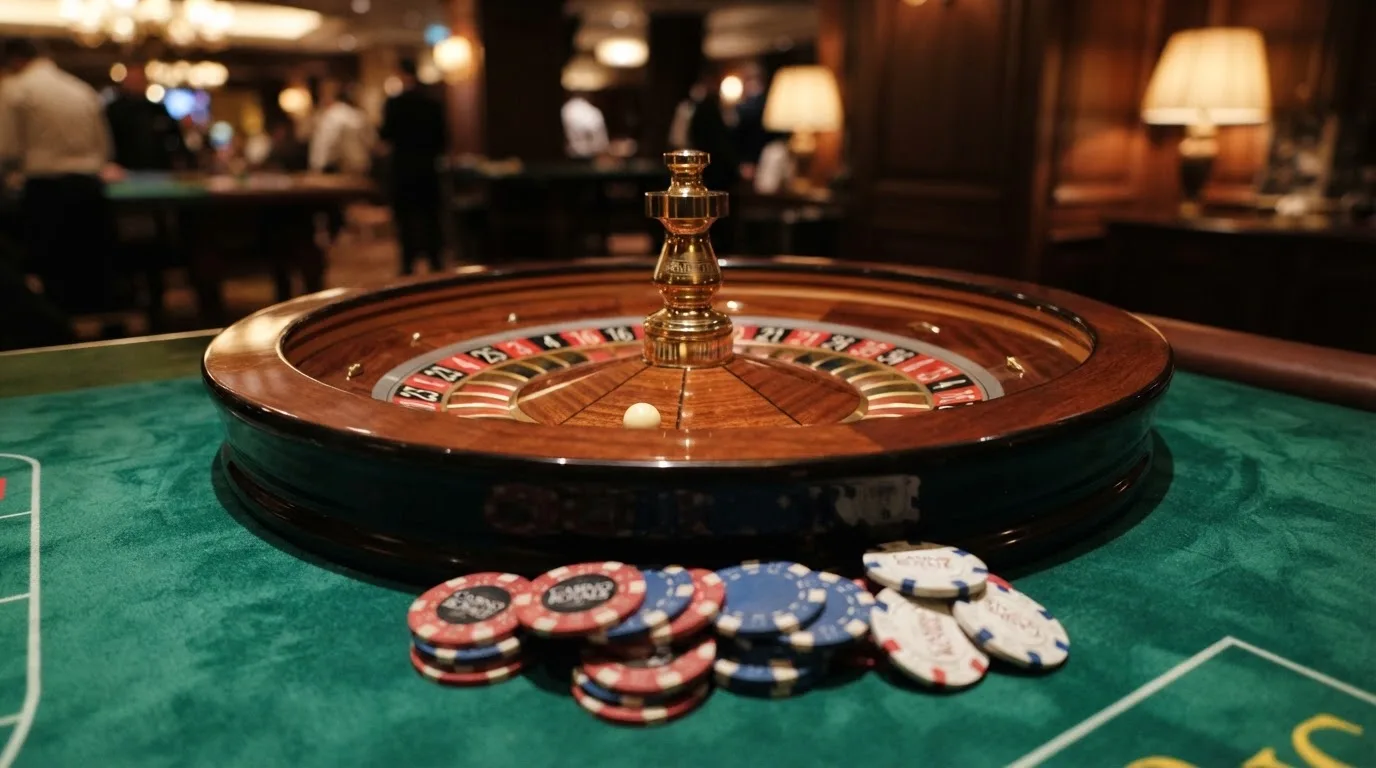 Roulettehjul och spelmarker på grön filt i varmt kvällsljus — 150 free spins casino i sverige