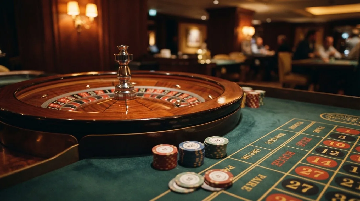 Roulettehjul och spelmarker på grön filt i varmt kvällsljus — bästa blackjack i sverige