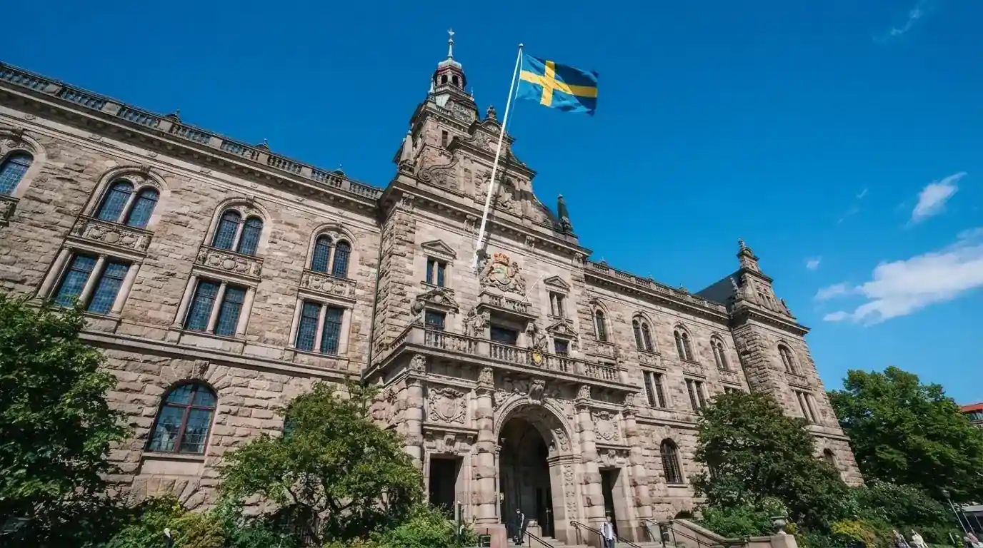Ett gammalt stadshus i sten fotograferat underifrån mot en klarblå himmel, med den svenska flaggan som fladdrar ovanför entrén.