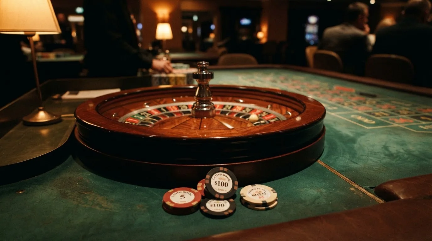 Roulettehjul och spelmarker på grön filt i varmt kvällsljus — blackjack gratis i sverige