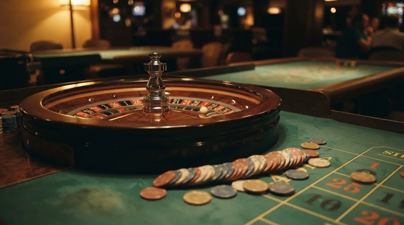 Roulettehjul och spelmarker på grön filt i varmt kvällsljus — blackjack med live dealer i sverige