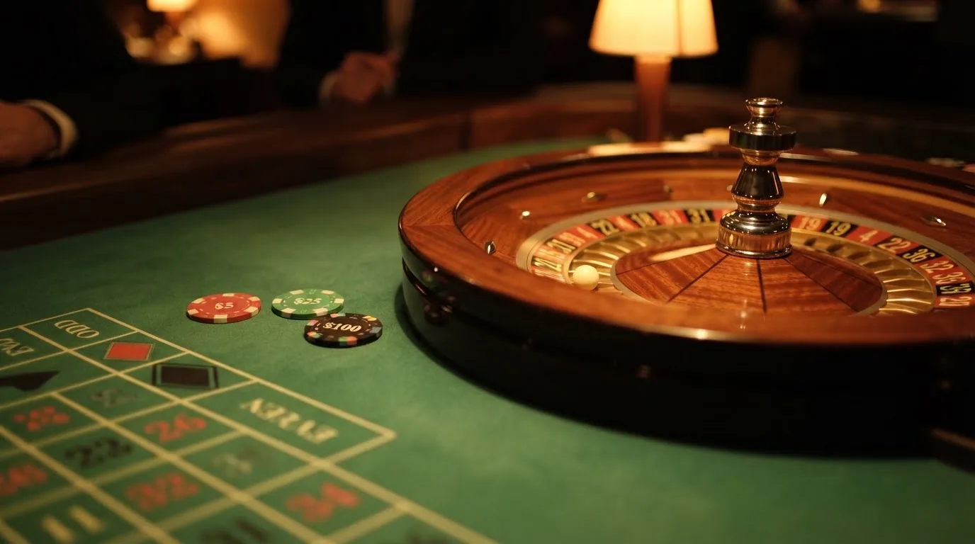 Roulettehjul och spelmarker på grön filt i varmt kvällsljus — blackjack på nätet i sverige