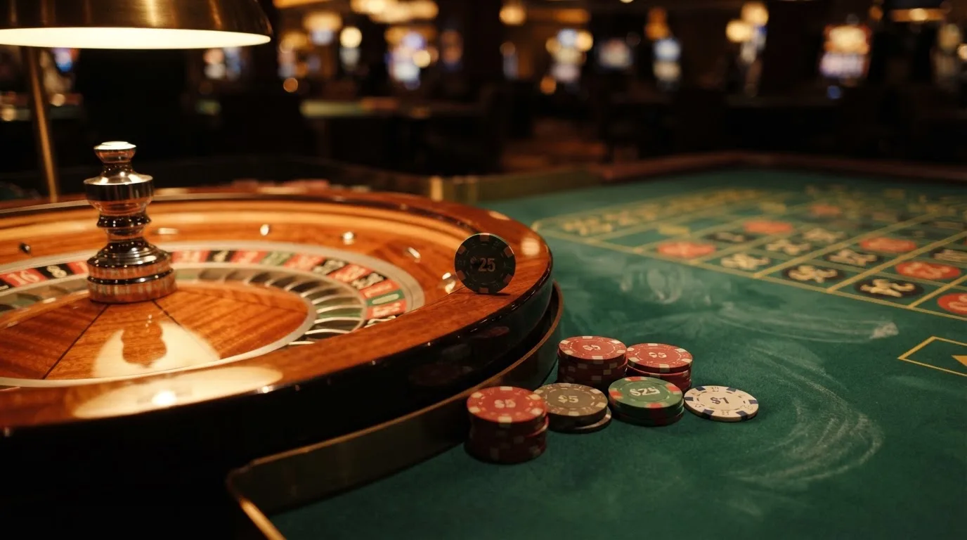 Roulettehjul och spelmarker på grön filt i varmt kvällsljus — bra svenska casinon