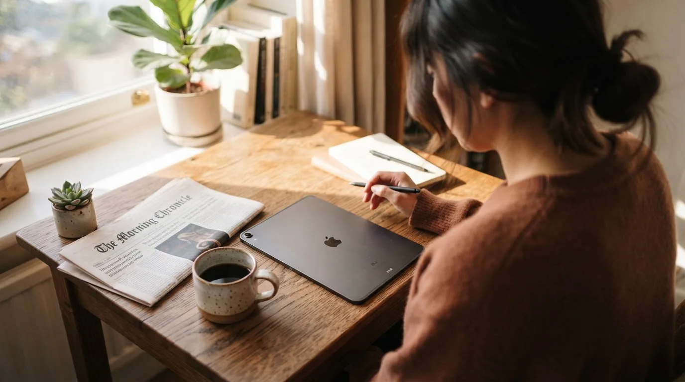 En person sitter vid ett skrivbord hemma med en surfplatta nedvänd bredvid en kopp kaffe i morgonljus.