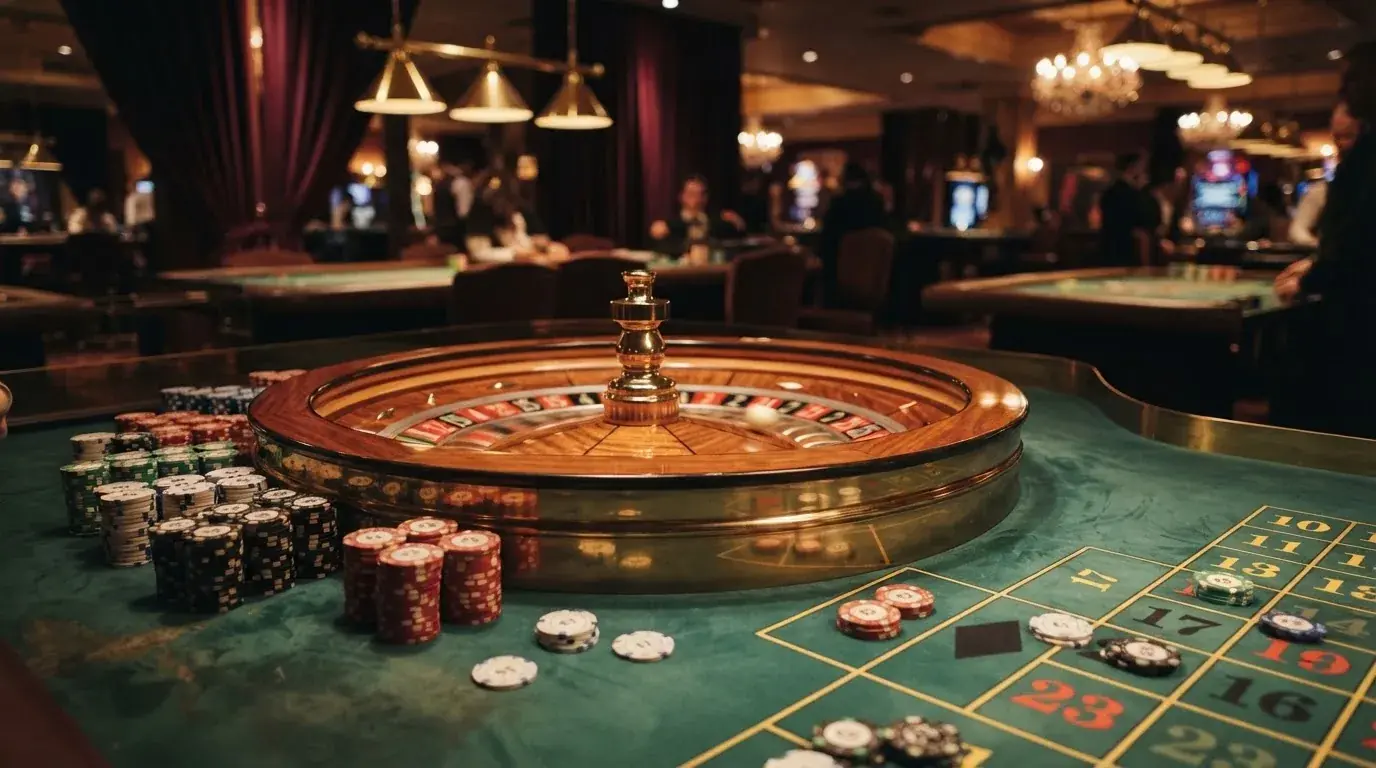 Roulettehjul och spelmarker på grön filt i varmt kvällsljus — casino regler för svenskar