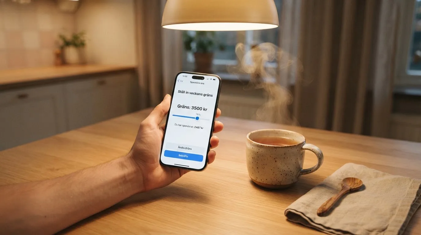 Hand håller en mobiltelefon bredvid en kopp te vid ett köksbord en lugn kväll — casino regler för svenskar