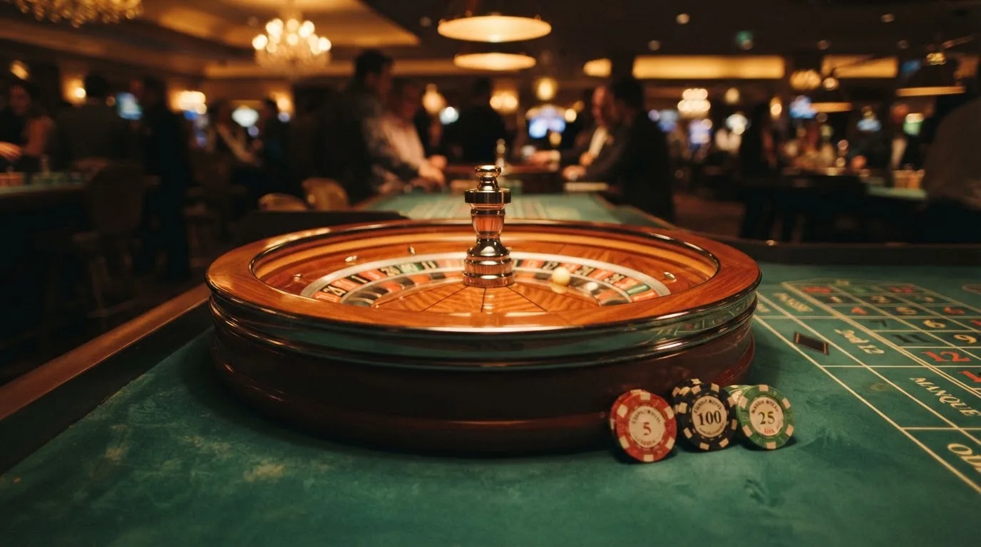 Roulettehjul och spelmarker på grön filt i varmt kvällsljus — casinon med bankid i sverige