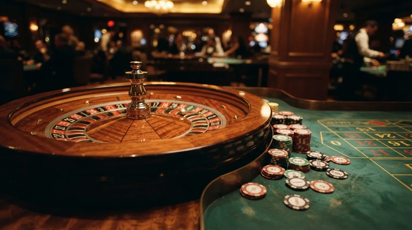 Roulettehjul och spelmarker på grön filt i varmt kvällsljus — casinon med curaçao licens