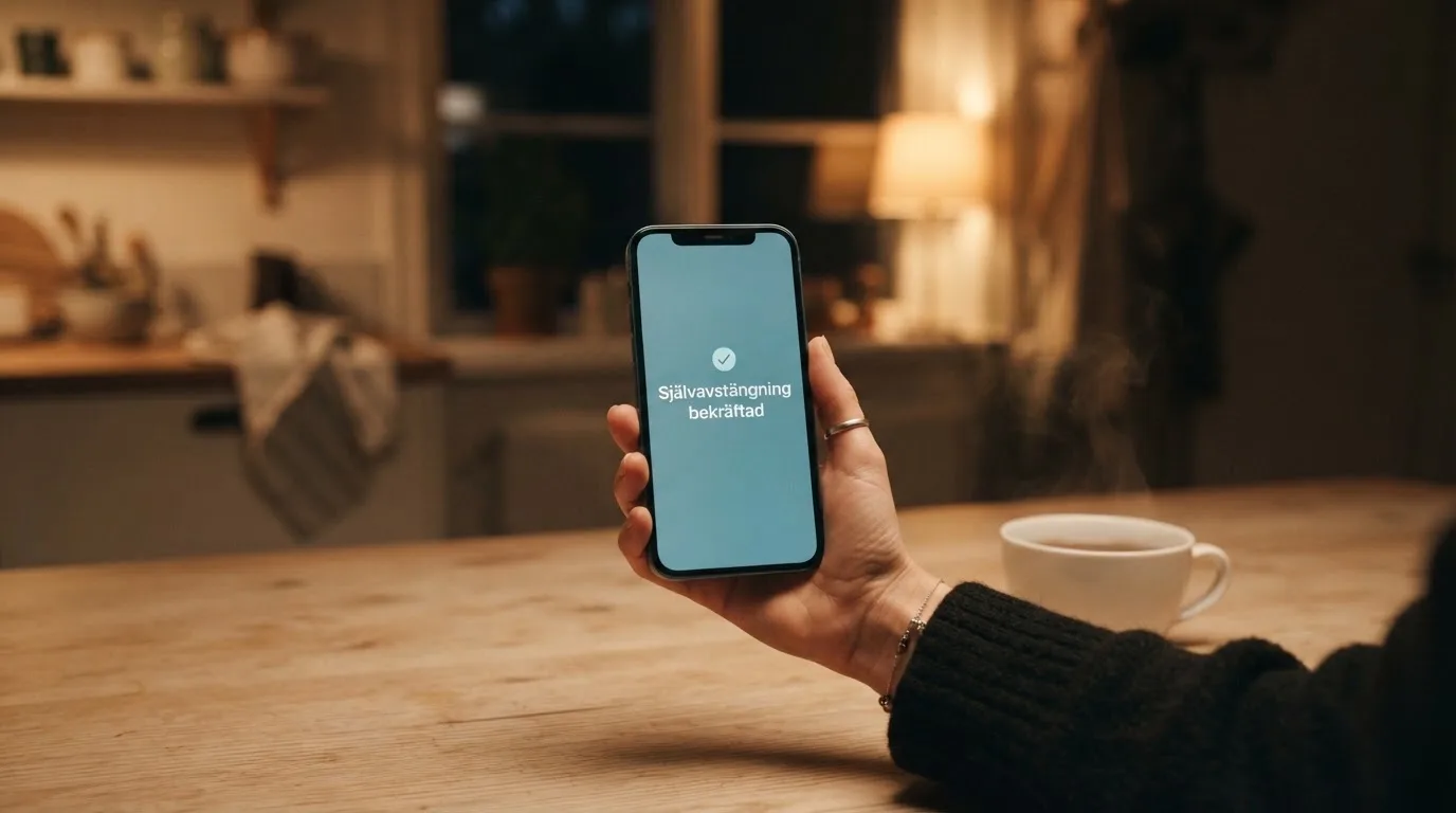 Hand håller en mobiltelefon bredvid en kopp te vid ett köksbord en lugn kväll — casinon med curaçao licens