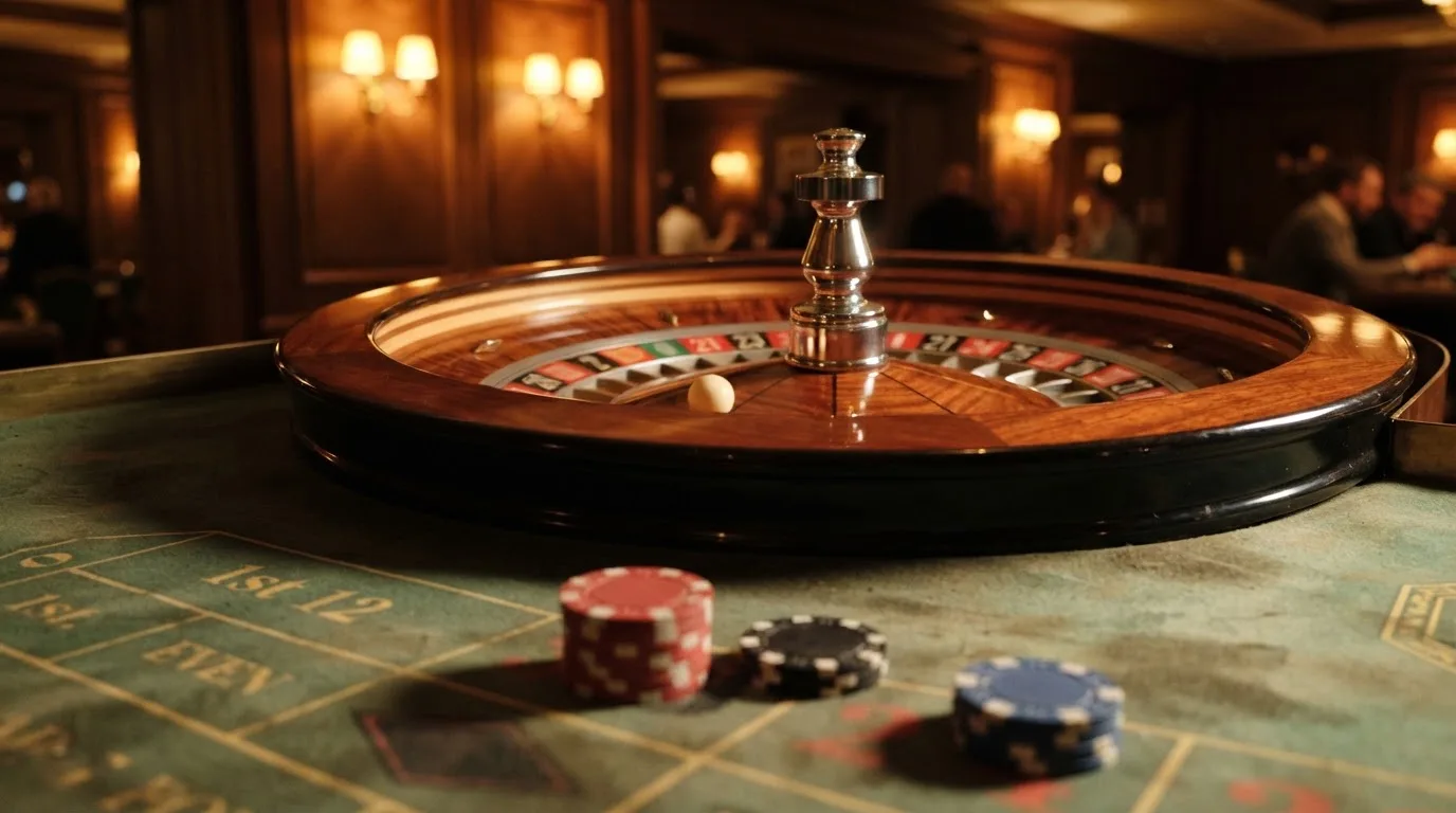 Roulettehjul och spelmarker på grön filt i varmt kvällsljus — casinon med jackpot i sverige