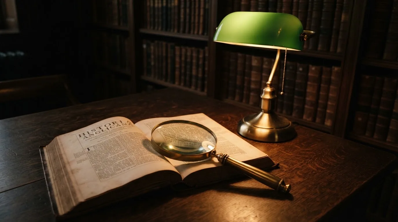 Ett förstoringsglas vilar på ett träbord bredvid en tänd skrivbordslampa i ett tyst bibliotek sent på kvällen.