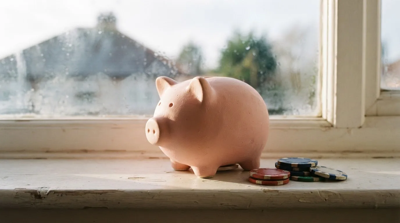 En sparbössa av keramik står på en fönsterbräda bredvid några enkronor, i mjukt morgonljus som faller in genom glaset.