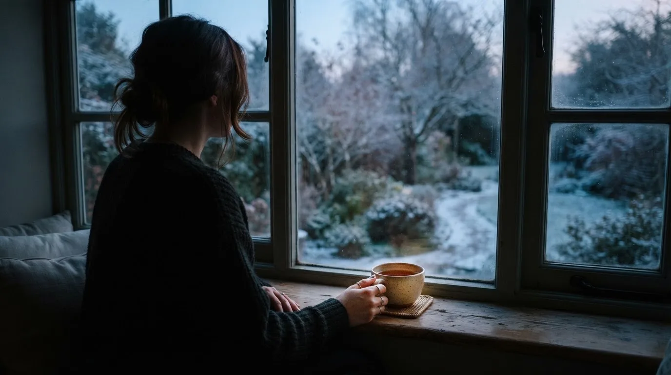 En person sitter ensam vid ett fönster i skymningen och håller en tekopp, med en rofylld vinterträdgård synlig utanför glaset.
