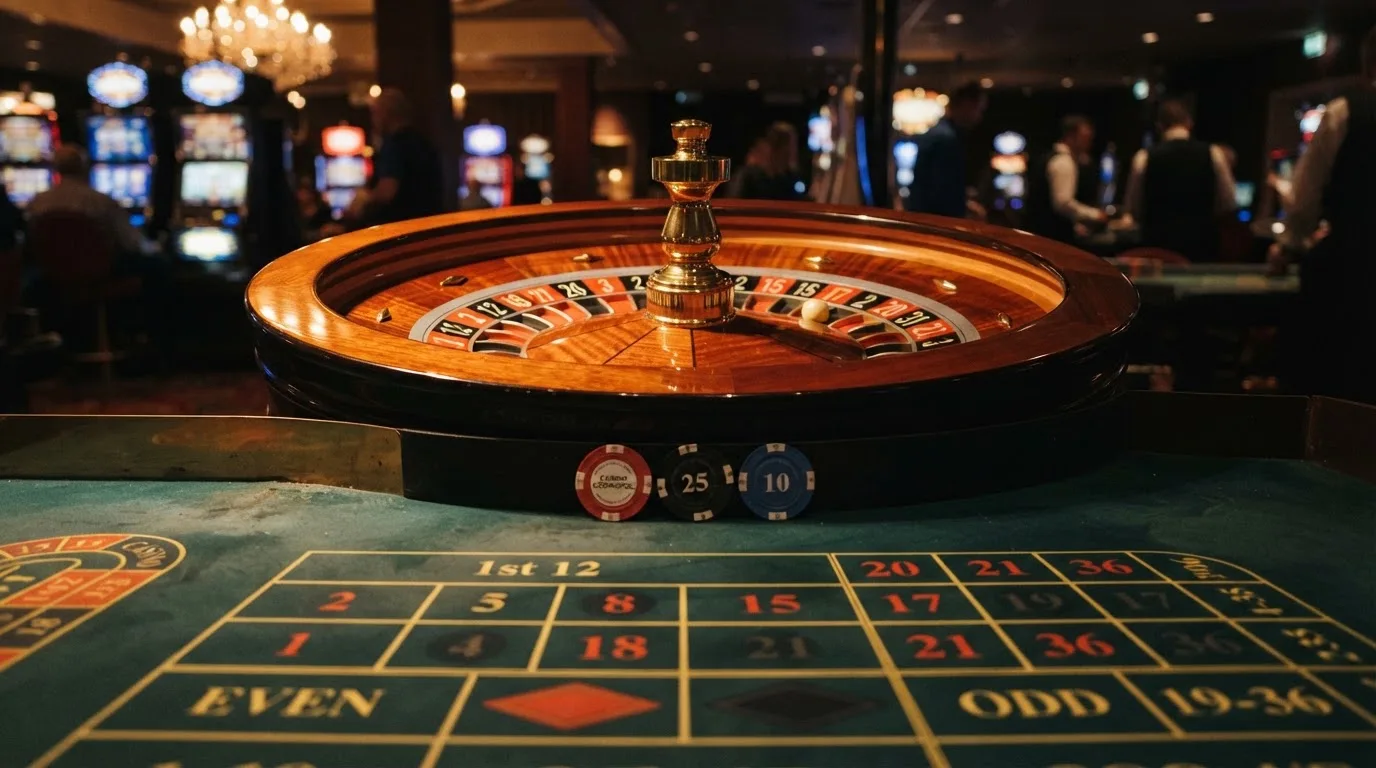 Roulettehjul och spelmarker på grön filt i varmt kvällsljus — casinon med slots i sverige