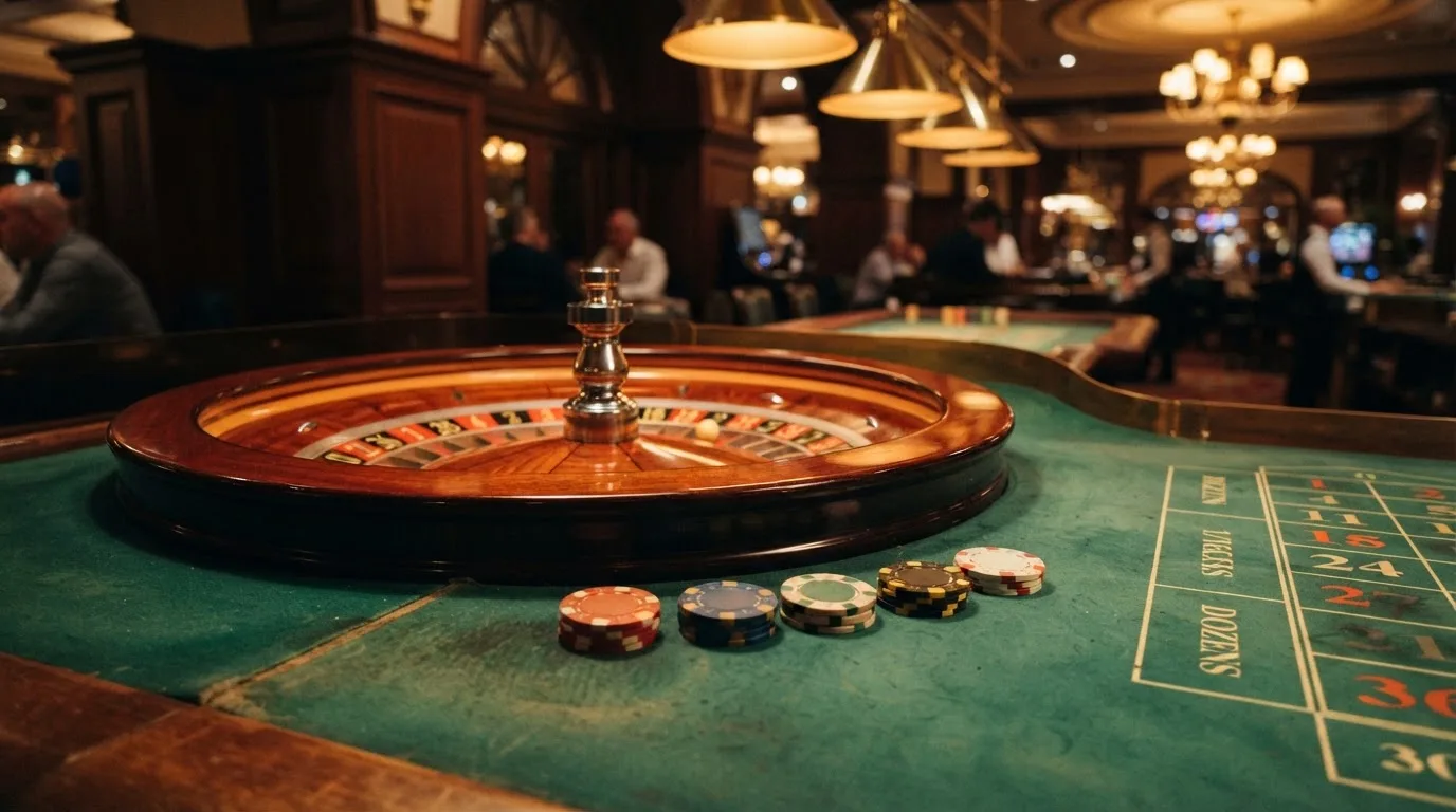 Roulettehjul och spelmarker på grön filt i varmt kvällsljus — casinon med uttag i sverige
