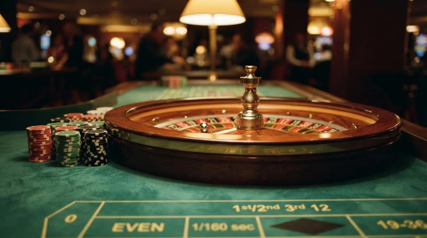 Roulettehjul och spelmarker på grön filt i varmt kvällsljus — casinon utan bankid i sverige