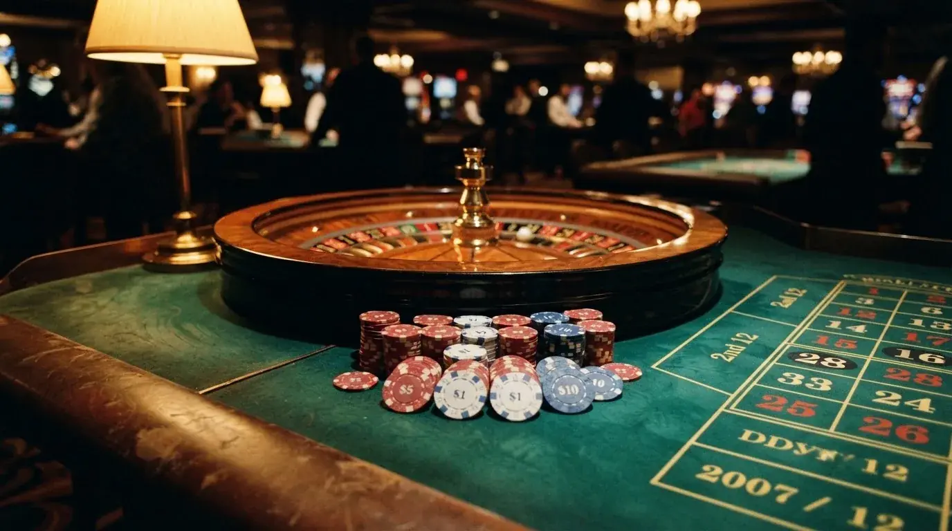 Roulettehjul och spelmarker på grön filt i varmt kvällsljus — casinon utan spelgräns i sverige