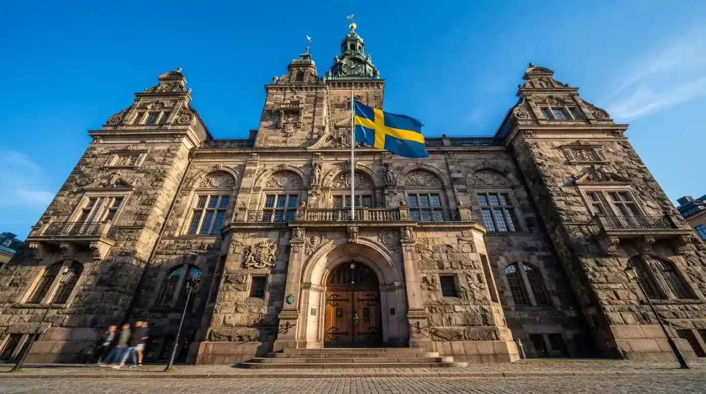 Ett gammalt stadshus i sten fotograferat underifrån mot en klarblå himmel, med den svenska flaggan som fladdrar ovanför entrén.