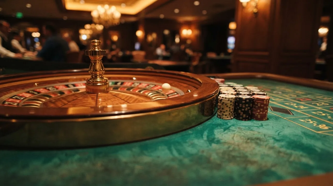 Roulettehjul och spelmarker på grön filt i varmt kvällsljus — svenska casinon med bitcoin