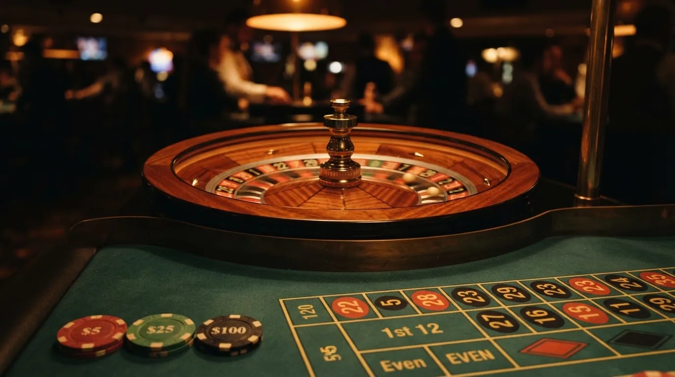 Roulettehjul och spelmarker på grön filt i varmt kvällsljus — svenska casinon med dogecoin