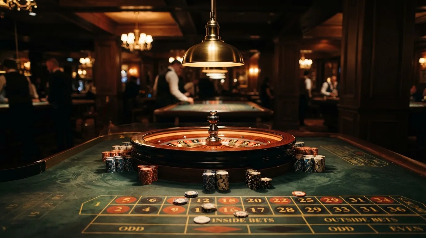Roulettehjul och spelmarker på grön filt i varmt kvällsljus — svenska casinon på android
